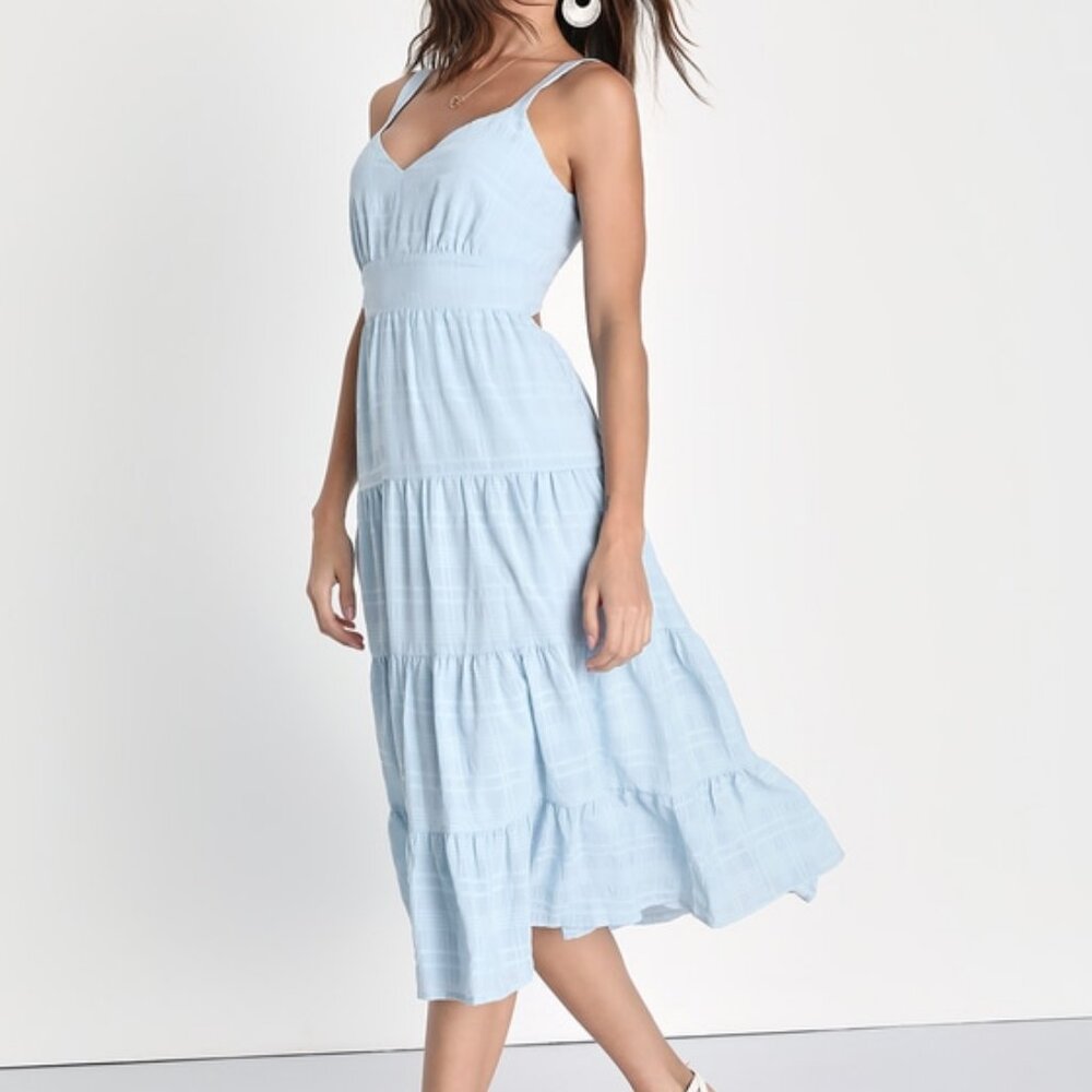 Lulus Freest Feelings Light Blue Plaid Tiered Tie-back Midi Dress - Size L